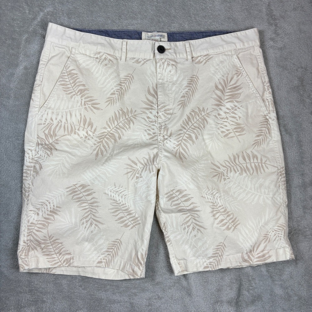Carbon 2 Cobalt Shorts Mens‎ 40 Tropical Palm Leaf Print Chino Beige Stretch